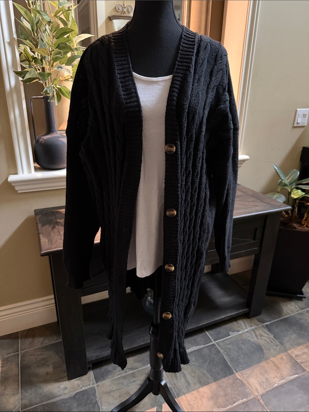SHEIN Black Long Cable Knit Button-Front Cardigan